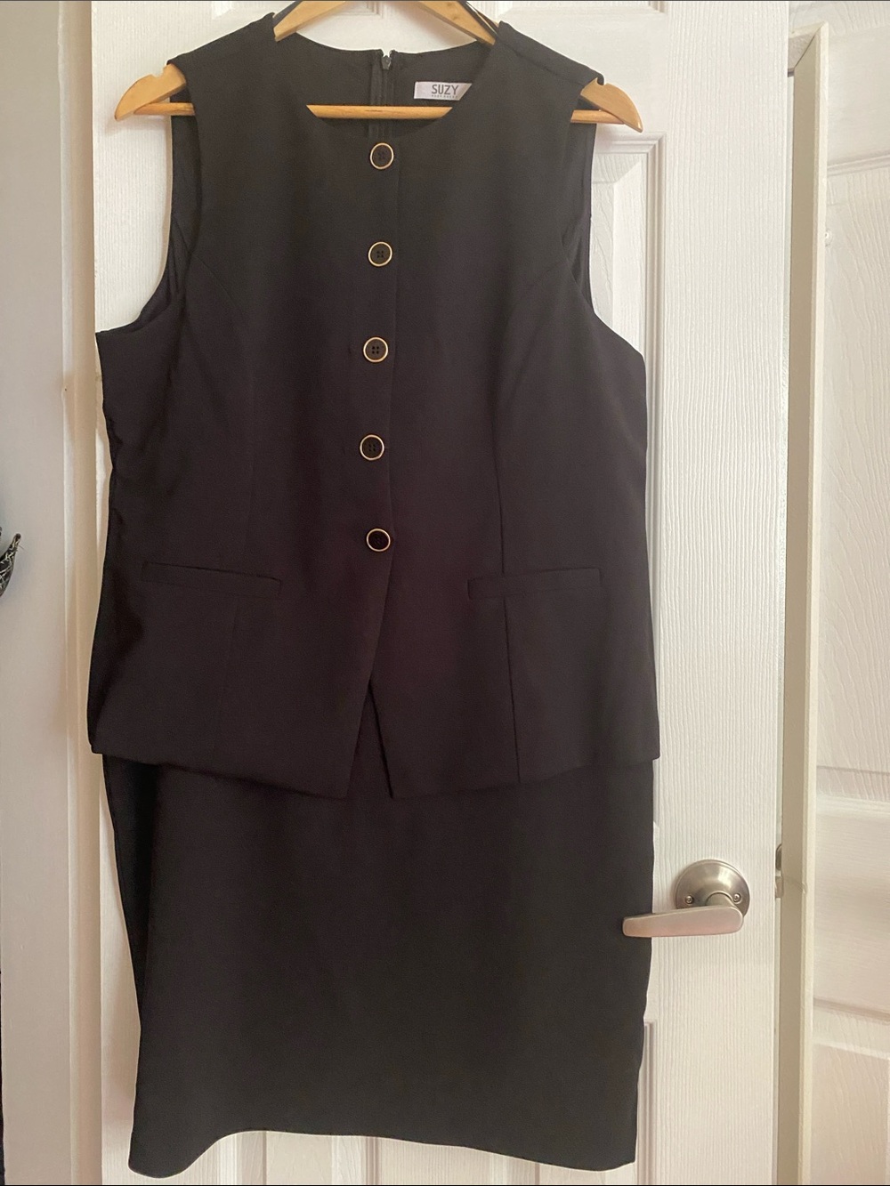 Suzy Shier Black Sleeveless Dress with Gold Buttons